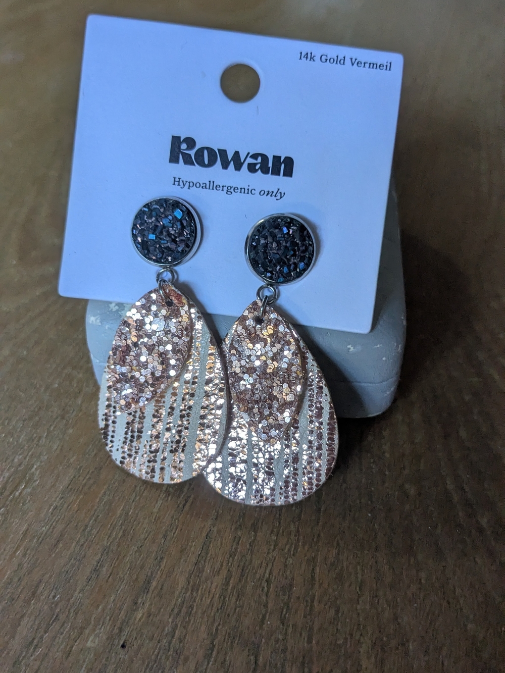 Rose Gold Glitter Teardrop Dangle Leather Earrings